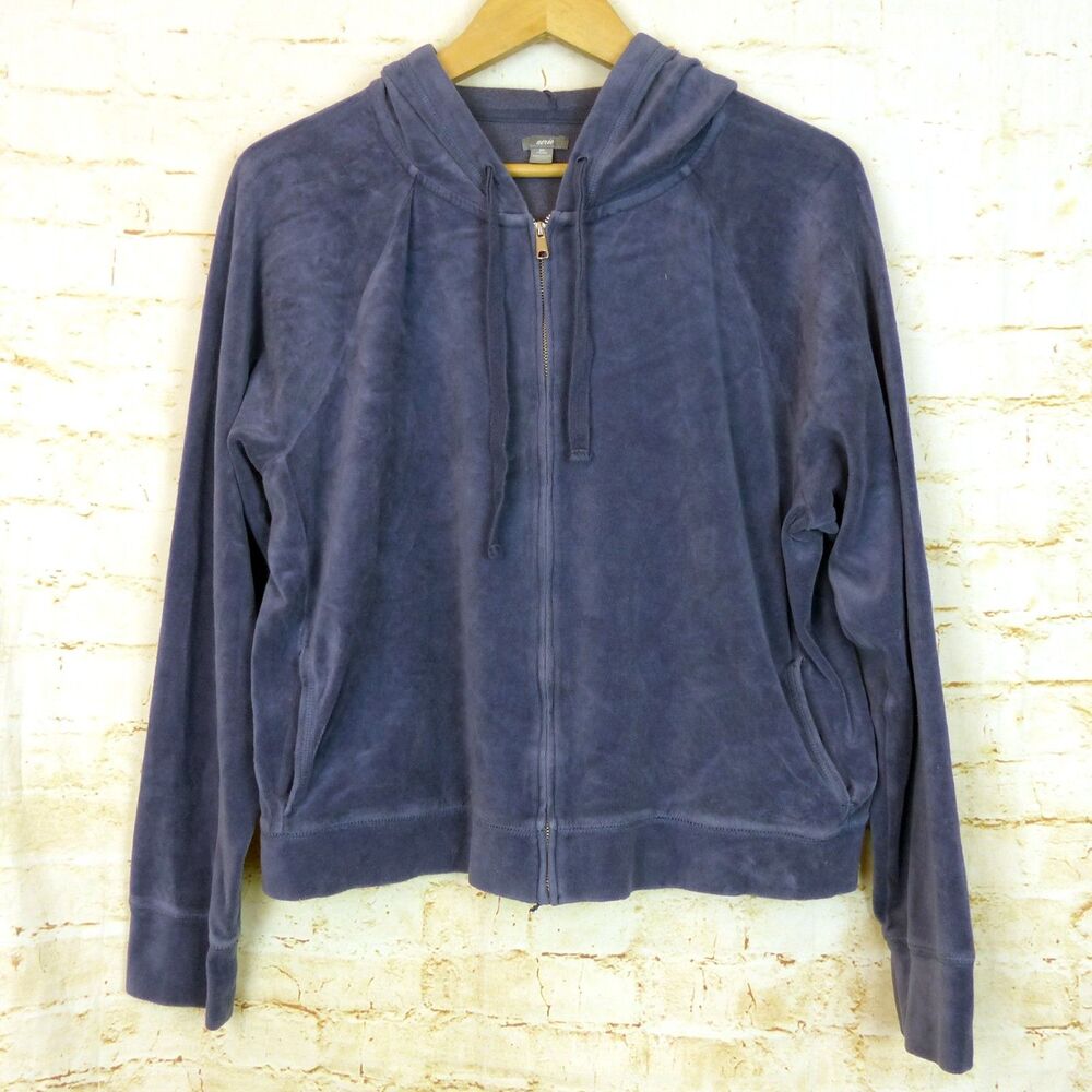 Aerie Hoodie Women XXL Blue  Velour Crop Zip Up Raglan Sleeves Pockets Lounge
